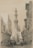 A sepia-toned illustration depicts an ornate Middle Eastern street scene with detailed architectural features, including a tall, intricately designed minaret and mosque in the background. The street is lined with traditional buildings and bustling with people engaged in various activities, including men leading camels.