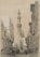 A sepia-toned illustration depicts an ornate Middle Eastern street scene with detailed architectural features, including a tall, intricately designed minaret and mosque in the background. The street is lined with traditional buildings and bustling with people engaged in various activities, including men leading camels.