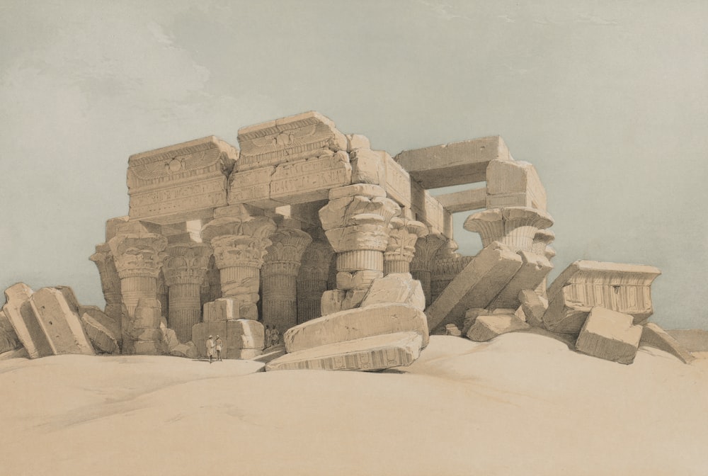 Un disegno di un gruppo di statue nella sabbia
