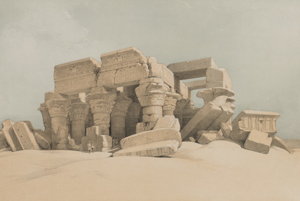 a drawing of a group of statues in the sand