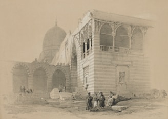 An architectural scene depicting an ancient building with arched doorways and intricate stonework. Several figures in traditional clothing are gathered around the base of the structure. The building features a large dome in the background, and the composition suggests a setting in a historical or cultural site.