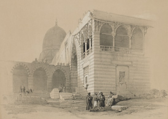 An architectural scene depicting an ancient building with arched doorways and intricate stonework. Several figures in traditional clothing are gathered around the base of the structure. The building features a large dome in the background, and the composition suggests a setting in a historical or cultural site.