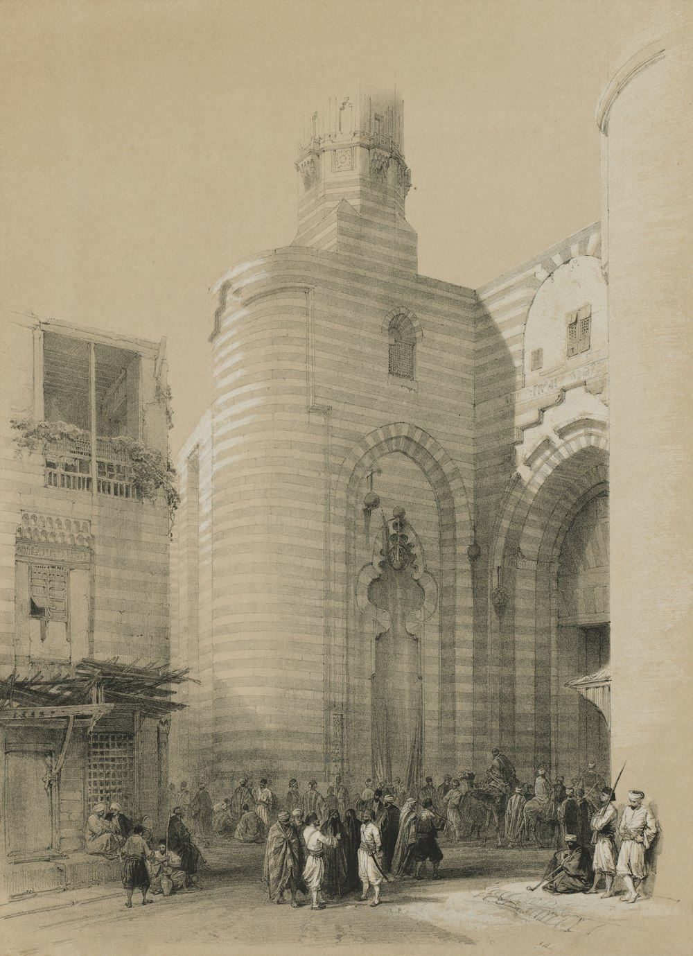 a group of people standing in front of a tall building
