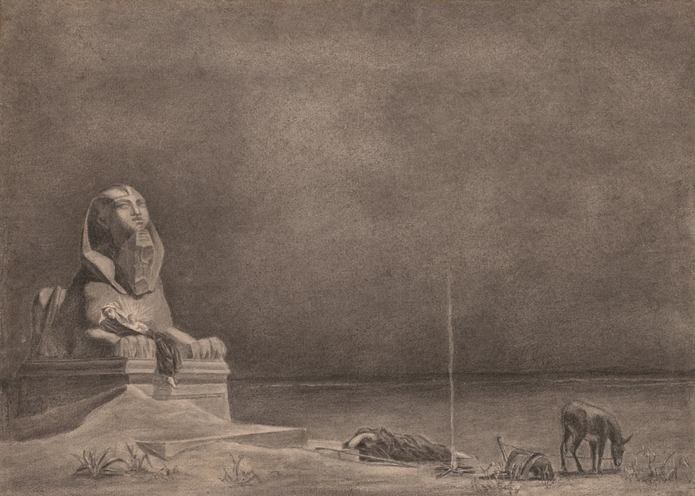 a drawing of a woman sitting on top of a statue