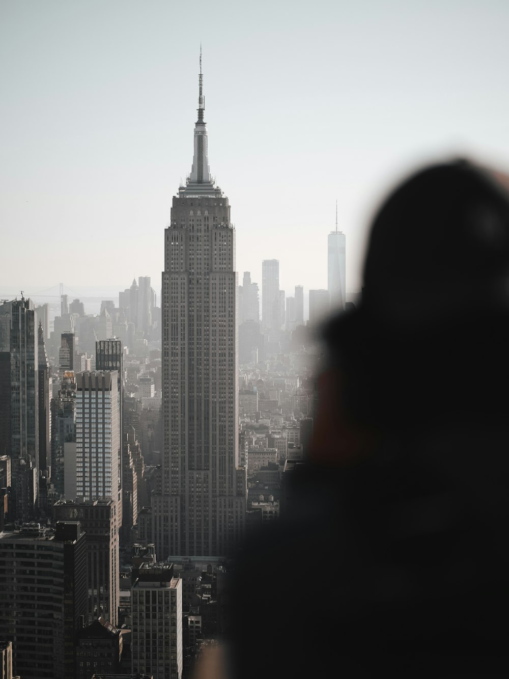 Una persona in piedi di fronte allo skyline di una città