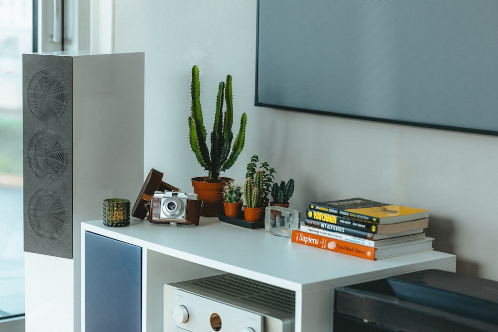 a white table with a bunch of books and plants on top of it