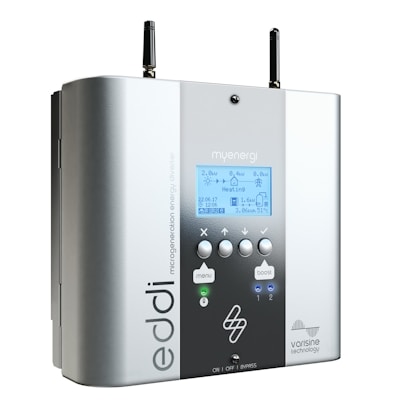 A sleek, rectangular electronic device with an interface labeled 'myenergi.' It features an LCD screen displaying various energy metrics, such as power output and heating status. The device has multiple buttons for control, two antenna-like extensions on top, and brand names like 'eddi' and 'varisine technology' printed on the front. The finish is a combination of matte and glossy surfaces in neutral colors.