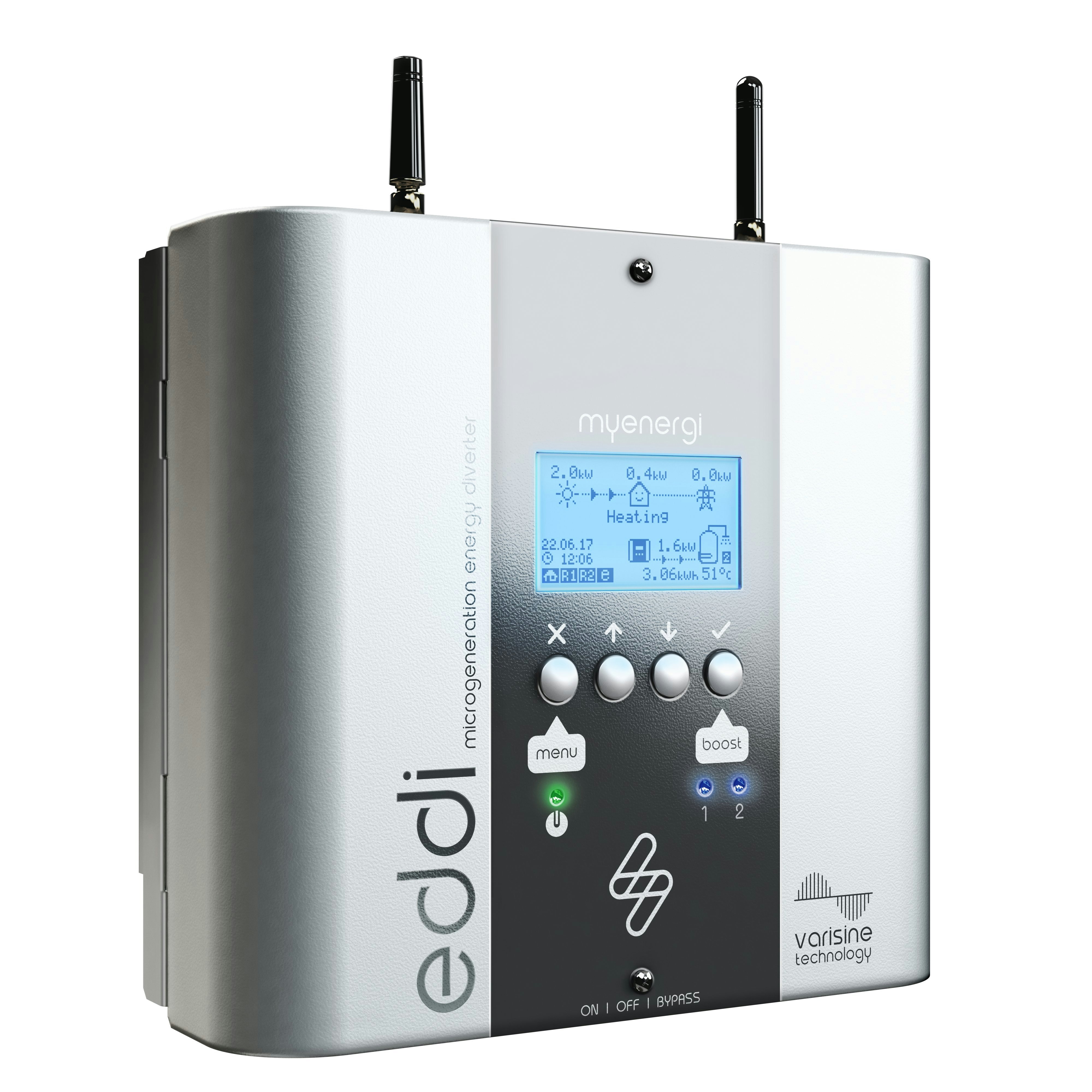 A sleek, rectangular electronic device with an interface labeled 'myenergi.' It features an LCD screen displaying various energy metrics, such as power output and heating status. The device has multiple buttons for control, two antenna-like extensions on top, and brand names like 'eddi' and 'varisine technology' printed on the front. The finish is a combination of matte and glossy surfaces in neutral colors.