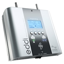 A sleek, modern electronic device with a metallic finish, featuring a display screen showing measurement data and several buttons for operation. The display appears to provide energy usage information, and the device is branded with the name 'eddi' and 'myenergi'.