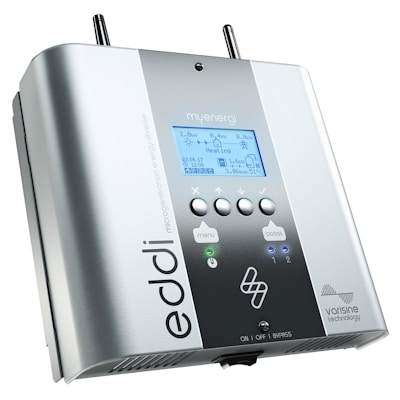 A sleek, modern electronic device with a metallic finish, featuring a display screen showing measurement data and several buttons for operation. The display appears to provide energy usage information, and the device is branded with the name 'eddi' and 'myenergi'.