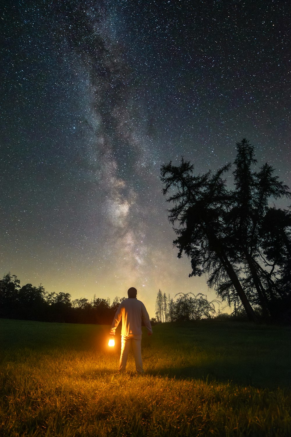 a man standing in a field holding a flashlight under a night sky filled with stars
