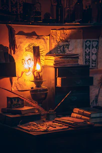 A dark, velvet-draped desk scattered with handwritten manuscripts and a flickering candle casting shadows.