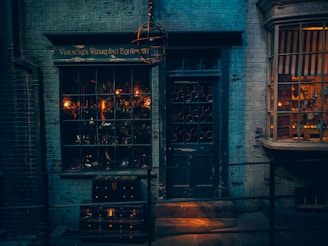 A dimly lit, mysterious shopfront with the sign 'Wiseacre's Wizarding Equipment' is visible. The window displays various magical artifacts and curiosities under warm, ambient lighting. The facade features weathered bricks, a dark wooden door with wrought iron design, and steps leading to the entrance. To the right is a warmly-lit adjacent window with striped blinds.
