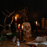 a wooden table topped with candles and skulls