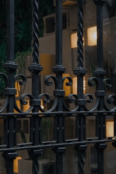 An ornate wrought iron fence with twisting bars is seen in front of a softly lit building. The background features rectangles of light, likely from windows or light fixtures, partially obscured by the grille. There is a hint of greenery behind the fence, suggesting plants or foliage.