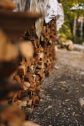 A yard after seasonal cleanup with piles of leaves and branches neatly gathered
