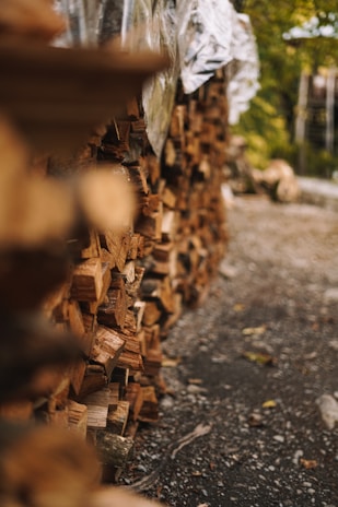 A stack of neatly arranged cut firewood is seen alongside a gravel path. The logs are covered with a plastic sheet, and the surrounding area has scattered leaves and greenery, suggesting an outdoor setting.