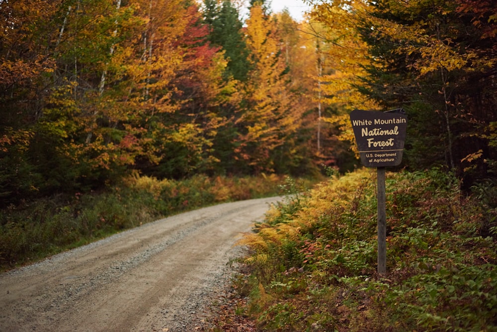 a sign on a dirt road in the woods