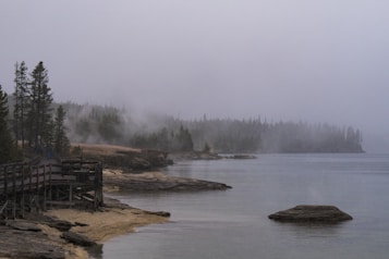A misty landscape features a calm body of water bordered by a rocky shoreline and a wooden boardwalk. Dense forests of coniferous trees are visible in the background, partially obscured by fog.