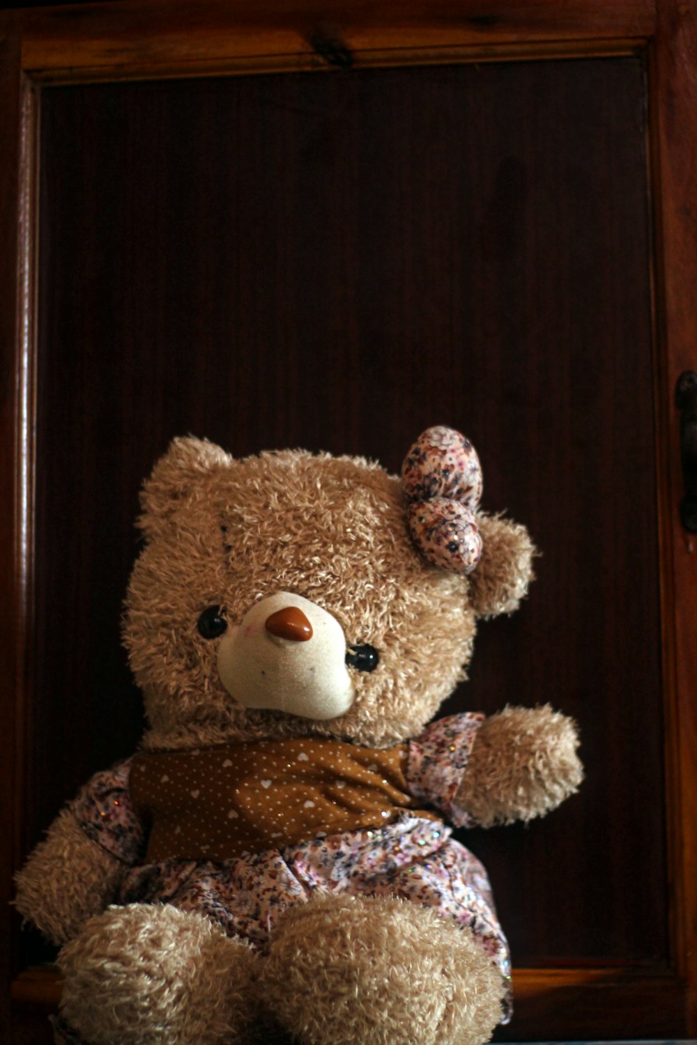 a brown teddy bear sitting in front of a wooden door