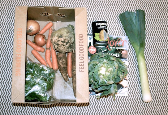 A collection of fresh vegetables including onions, carrots, celeriac, leeks, a leafy green vegetable, and a can of organic coconut milk are arranged on a patterned surface. The items are organized with some inside a cardboard box labeled 'Feel Good Farming' and others placed alongside a magazine feature.