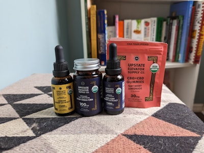 Close-up of various THC products neatly arranged in eco-friendly packaging.