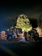A nighttime scene featuring a large semi-truck parked near a pickup truck. The vehicles are illuminated by a bright light, highlighting a tree in the background with lush foliage. The atmosphere is dimly lit, with shadows cast on the ground.
