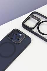 Close-up of a futuristic iPhone case with MagSafe on a clean white surface.