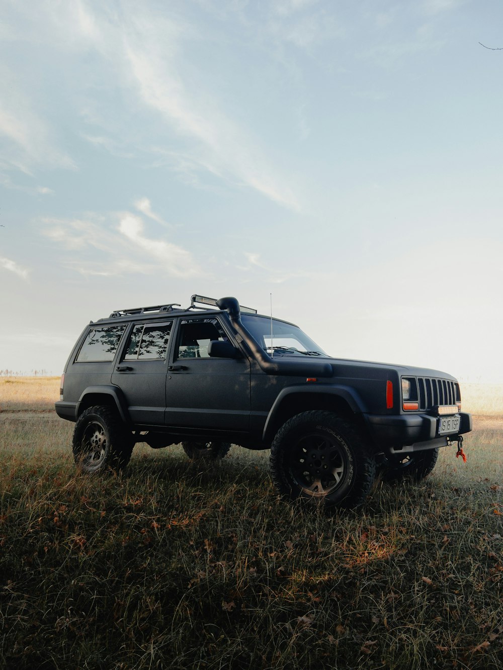 a jeep parked in a field with a sky background