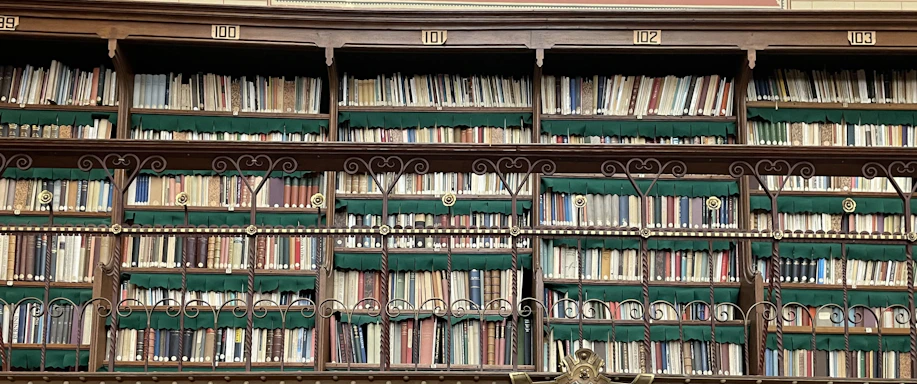 A large bookshelf filled with numerous books organized neatly with numbered sections above. The books are arranged in rows and some have colored spines, creating a pattern across the shelves. Ornate metal railings run horizontally across the middle of the bookshelf, adding an element of elegance.