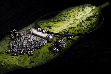 A piece of intricately designed silver jewelry, possibly a necklace, is placed on a large green leaf with variegated patterns. The jewelry features detailed craftsmanship with ornate elements and dangling beads, set against a dark background.