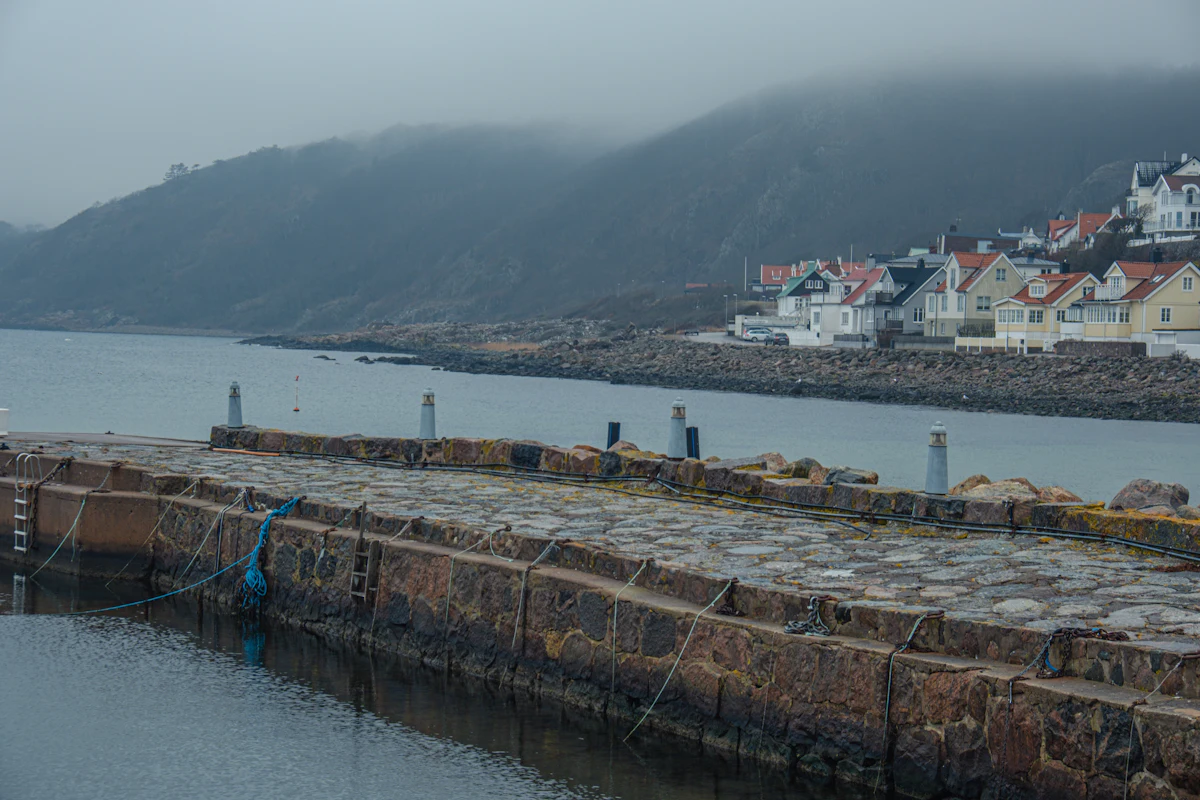 Mölle harbour on a grey day, with houses along the shore and a wooded hill in mist