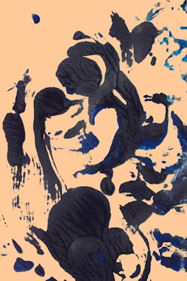 Abstract art piece featuring bold black strokes on a soft beige background with hints of deep blue.