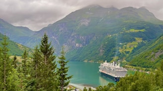 A picturesque landscape featuring a large cruise ship sailing through a serene fjord surrounded by towering green mountains. The lush vegetation is complemented by a calm, turquoise body of water, while the overcast sky hints at gentle weather. A small village or set of scattered houses lies on the slope of the mountain.