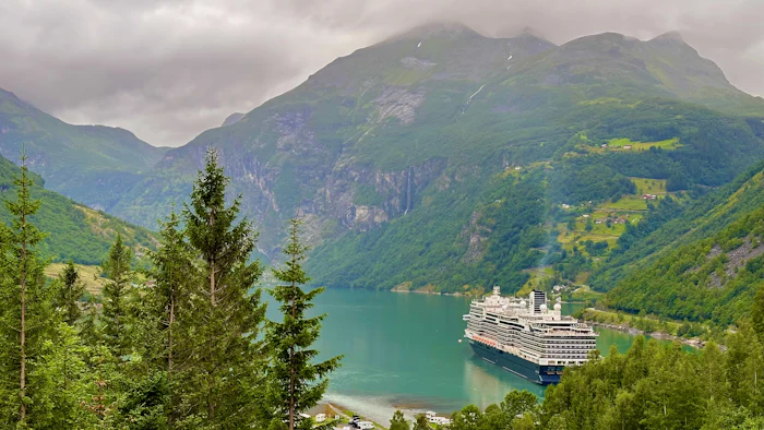 A cruise ship seen through pine trees in a green fjord.