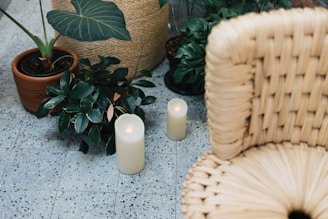 A cozy self-care setup with candles and plants.