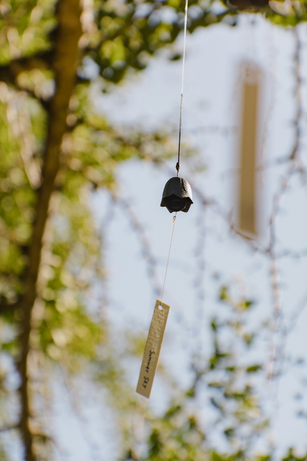 a bell hanging from a tree with a sign hanging from it