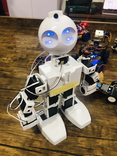 A robot seamlessly connected to smart home devices, with glowing indicators showing active monitoring.