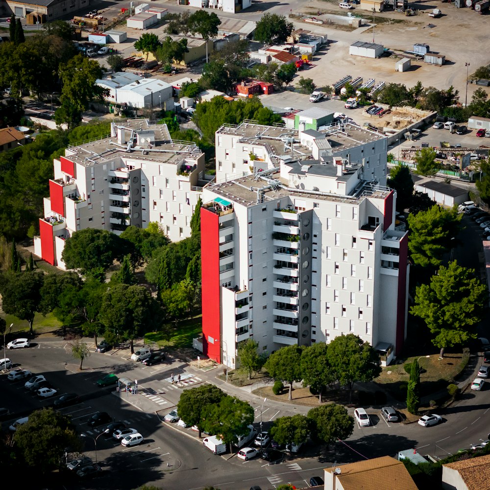 an aerial view of a multi - story building in a city