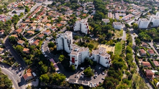 An aerial view of a residential area featuring several mid-rise apartment buildings surrounded by lush greenery. The image also includes a neighborhood with rows of smaller houses, streets, and cars parked along the roads. The landscape is dotted with trees and open green spaces, indicating a suburban setting.