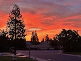 A calm neighborhood street at sunset, symbolizing hope and stability for families.