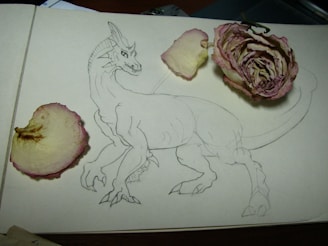 A sketch of a dragon is drawn on paper, accompanied by dried rose petals and a withered rose. The dragon's features are sharp and mythical, sketched in pencil with visible detail. The petals and rose add a touch of natural dryness and texture to the scene.