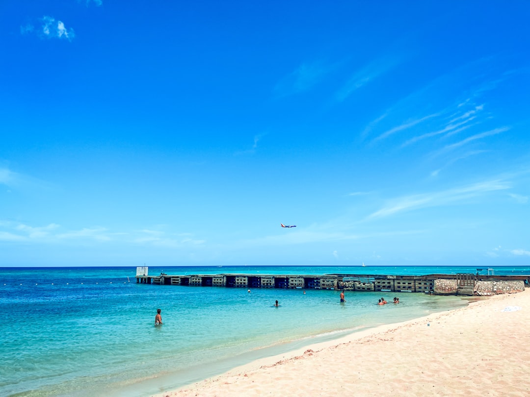 a beach with people swimming and a plane flying in the sky,