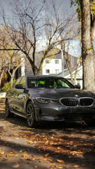 A sleek brown car parked on a quiet street with autumn leaves around.
