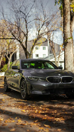 A sleek modern car parked on a winding road surrounded by autumn trees.
