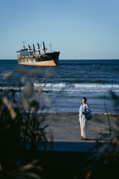 A large cargo ship is in the ocean, with waves gently lapping at the shore. A person stands on the beach in the foreground, wearing light-colored clothing and holding a large bag. The scene is framed by some out-of-focus vegetation in the foreground.