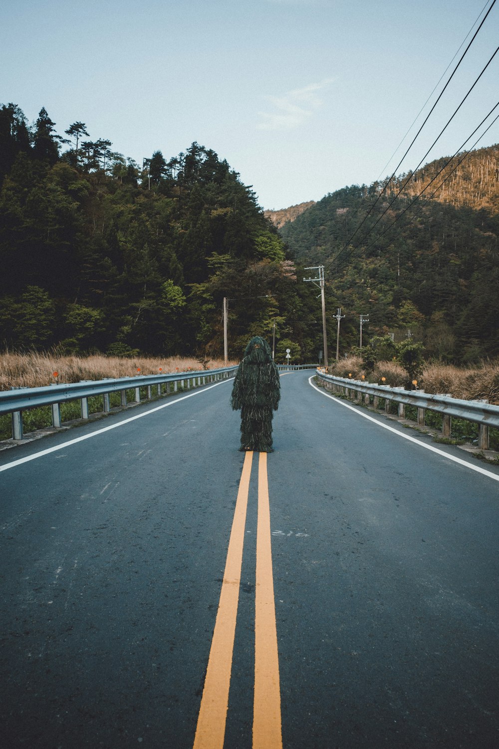 a person in camouflage walking down a road