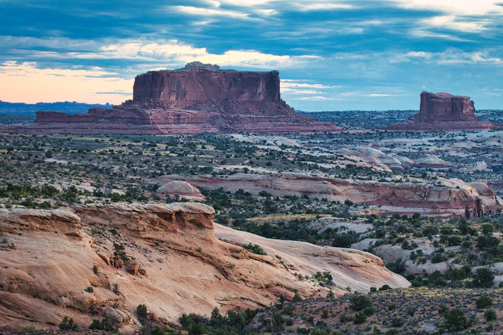 a scenic view of the desert with mountains in the background