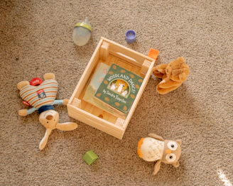 a wooden box with two stuffed animals on the floor