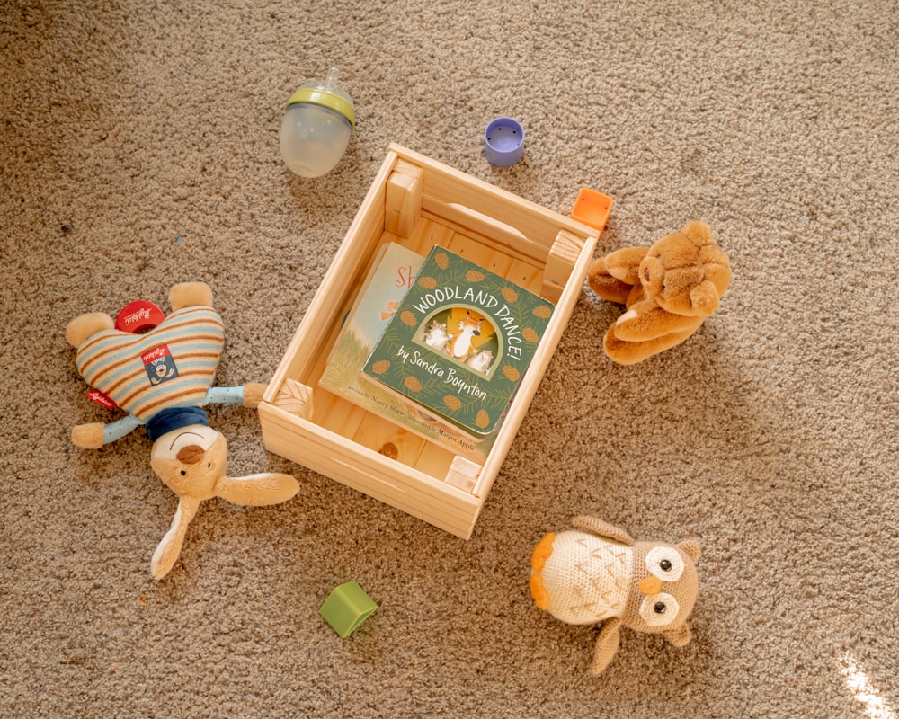 a wooden box with two stuffed animals on the floor